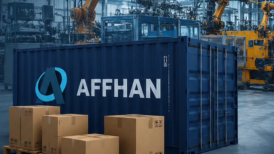 AFFHAN-branded shipping container being loaded at a Chinese factory for a Dubai buyer