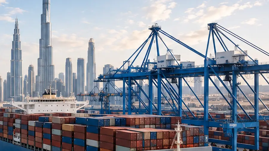 Container ship discharging at Jebel Ali port against the Dubai skyline