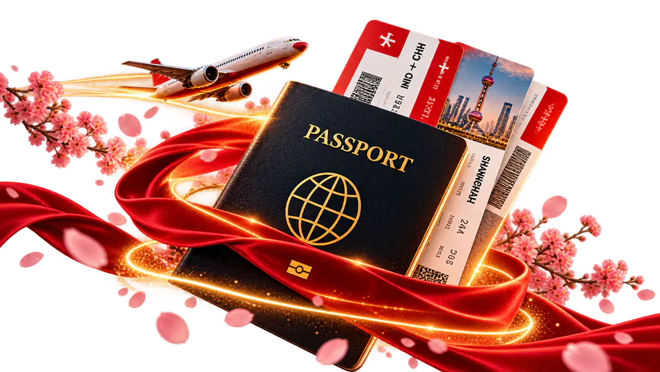 A passport with boarding passes tucked inside, wrapped in red silk and gold light