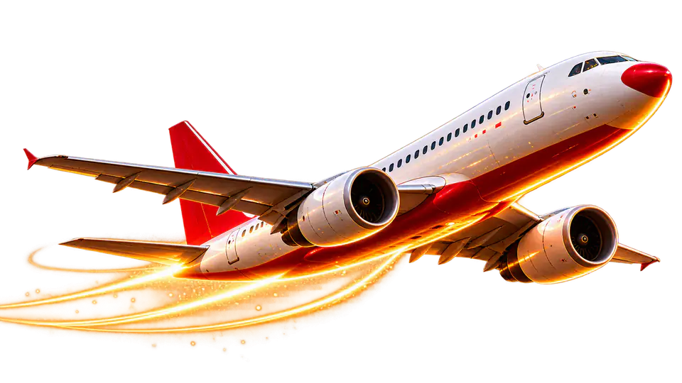 An airliner climbing, trailing gold light