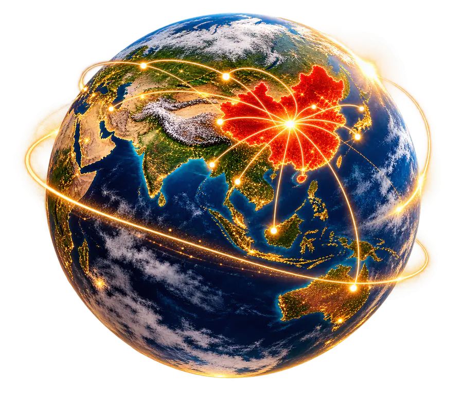 The globe, with a gold route from India to China