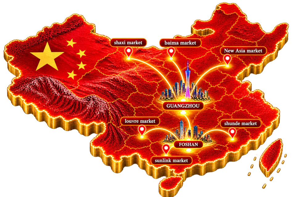 A relief map of China: Guangzhou, with routes to the Shaxi, Baima and New Asia markets, and Foshan, with routes to the Louvre, Shunde and Sunlink markets