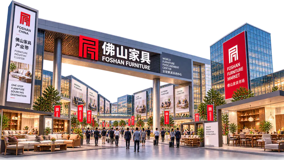 Foshan's furniture market: the gateway under the Foshan Furniture sign, showrooms and buyers along the avenue
