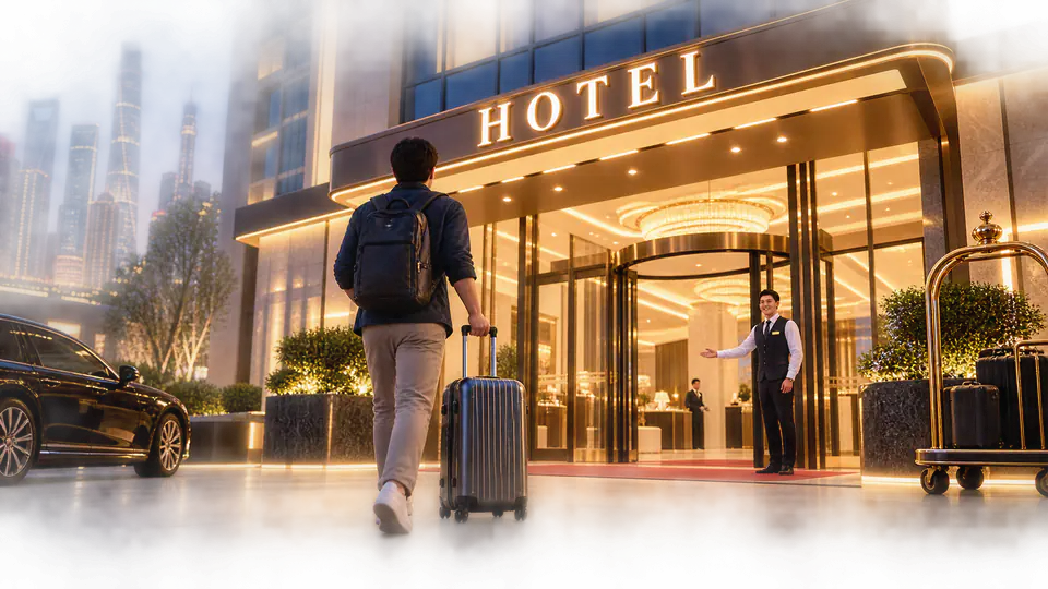 A traveller with a suitcase walking into a warmly lit hotel entrance